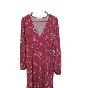 Kaileigh Burgundy Floral Wrap Knee Length Dress Womens Large V Neck Long Sleeve